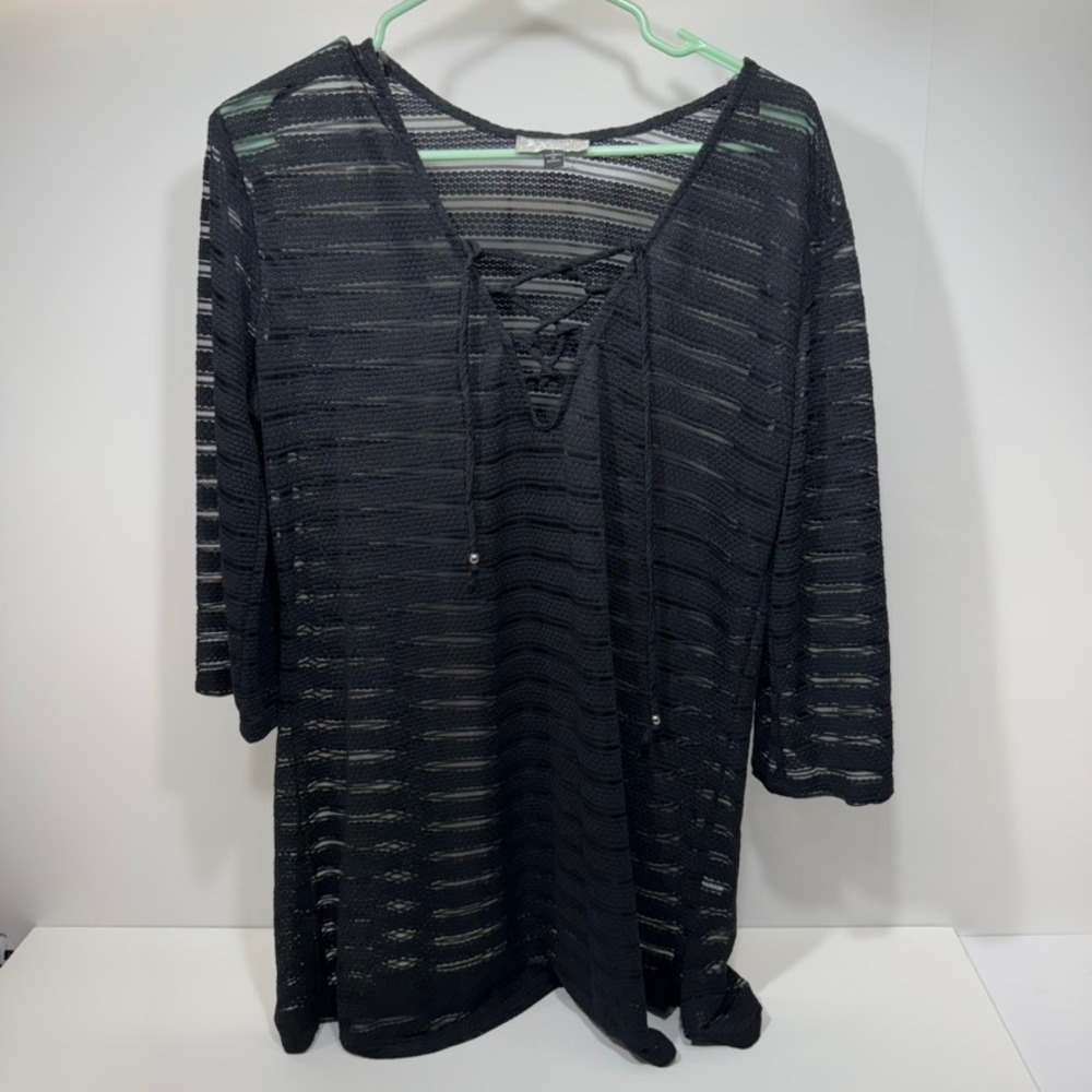 J. Valdi Black Sheer Lace-up Tunic Cover Up Size L Polyester Spandex 5912319JV